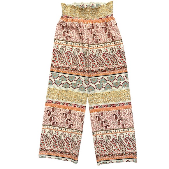 Love Tree L Multicolour Paisley high waisted smocked waist Wide-Leg tall Pants - - Picture 1 of 9